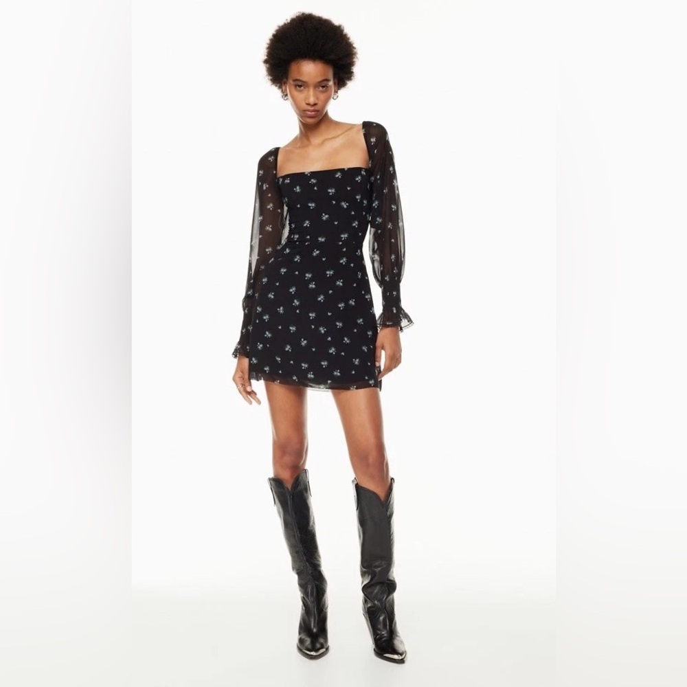 NWT Aritzia Wilfred Emmylou Chiffon Mini Dress - Blk/Forget Me Not - 0